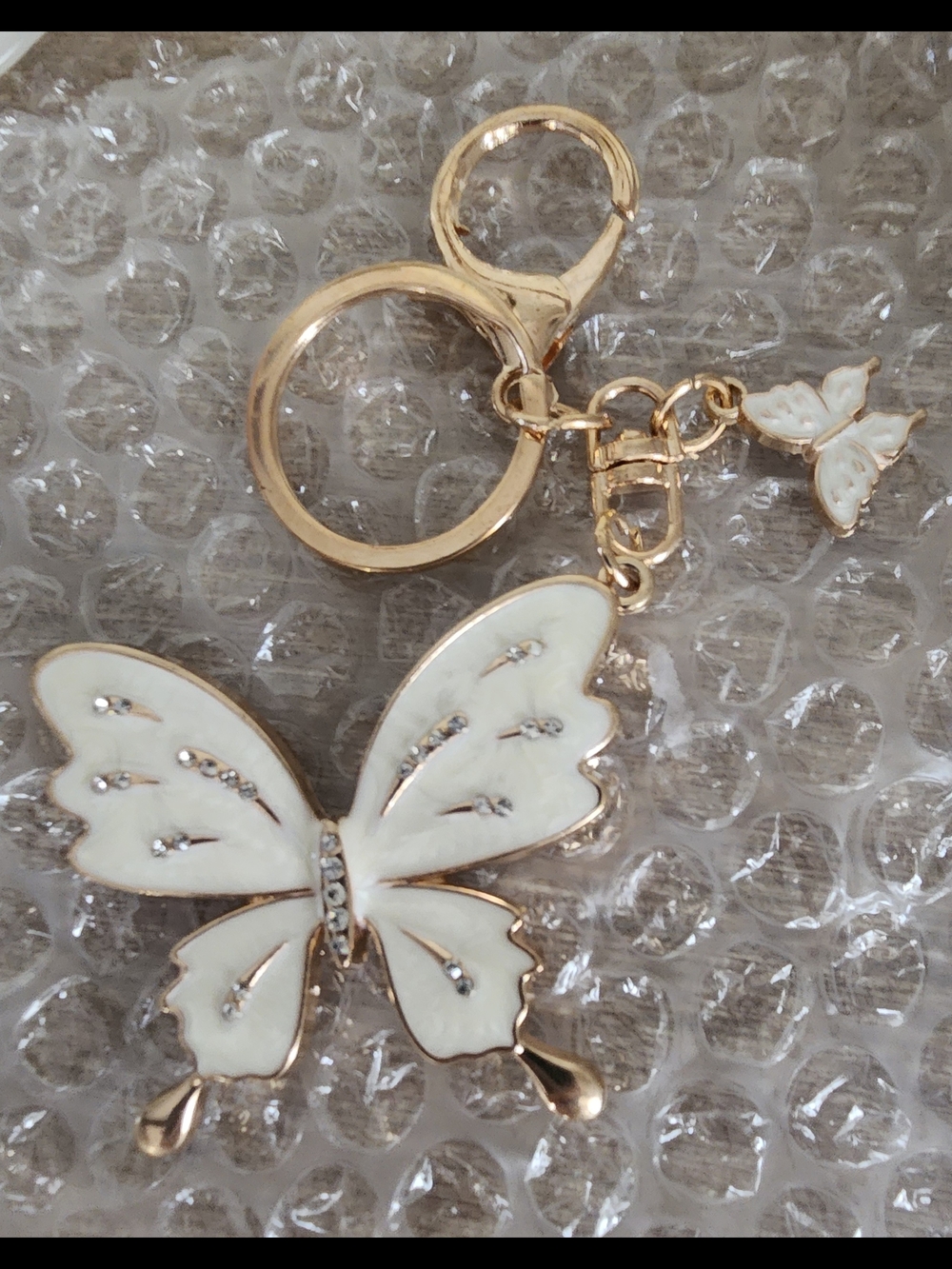 Gold Tone White Enamel Butterfly Keychain-4×2